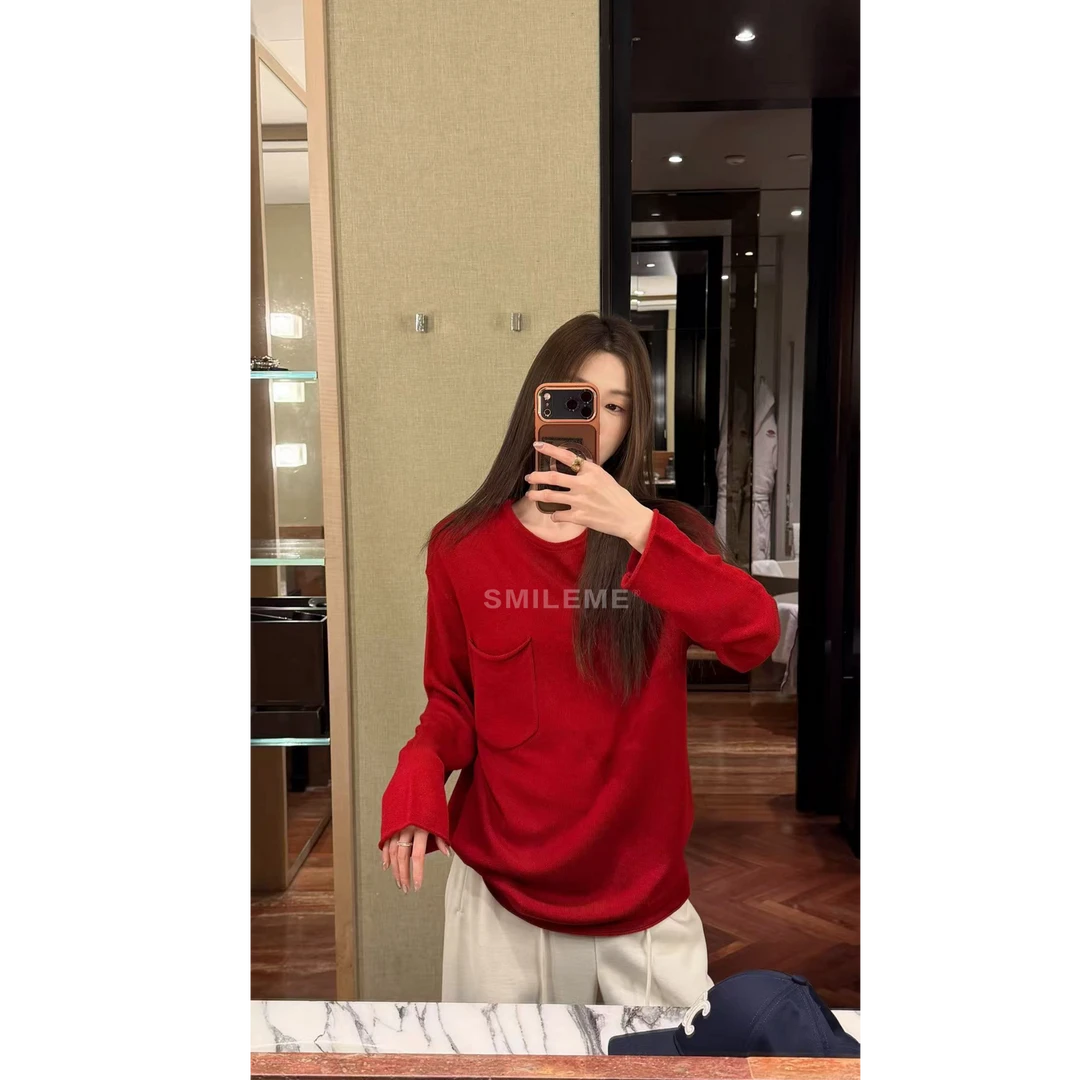 SMILEME【云鬓花颜】秋冬羊毛混纺口袋设计圆领毛针织衫MK12825411