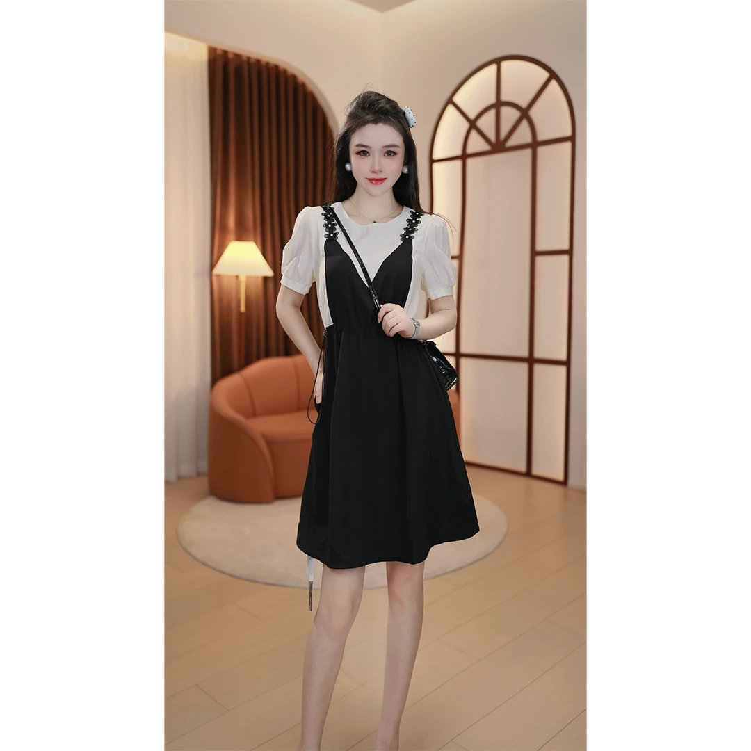 大码假两件抽绳设计别致连衣裙女夏季遮肉显瘦小黑裙子D2227