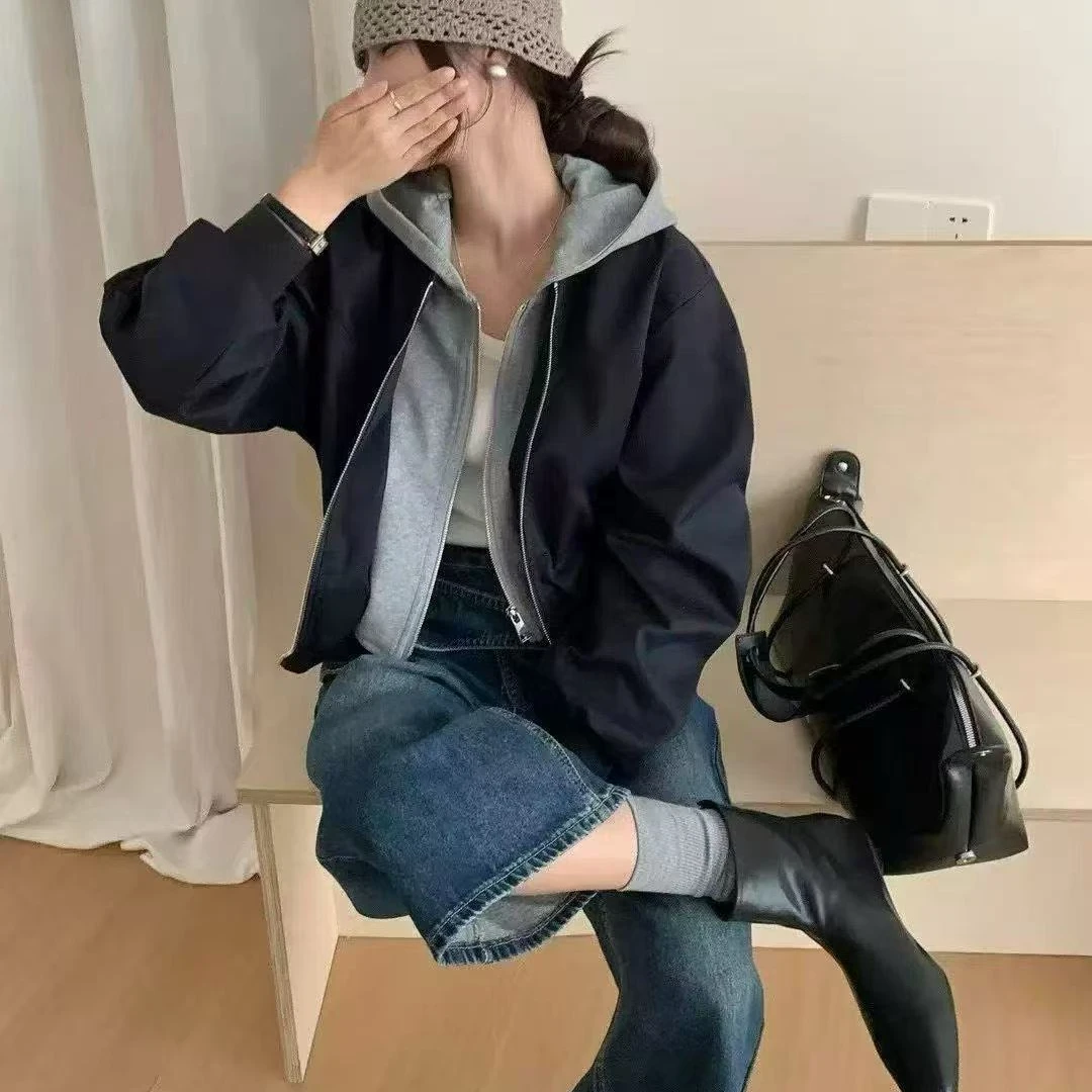 （在仓现现）301番外设计感小众宽松时尚假两件连帽拉链百搭外套女