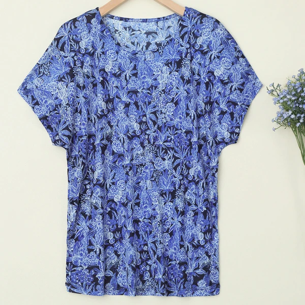 LANZIBES/蓝之蓓真丝42针圆领短袖T恤桑蚕丝印花宽松显瘦D2961