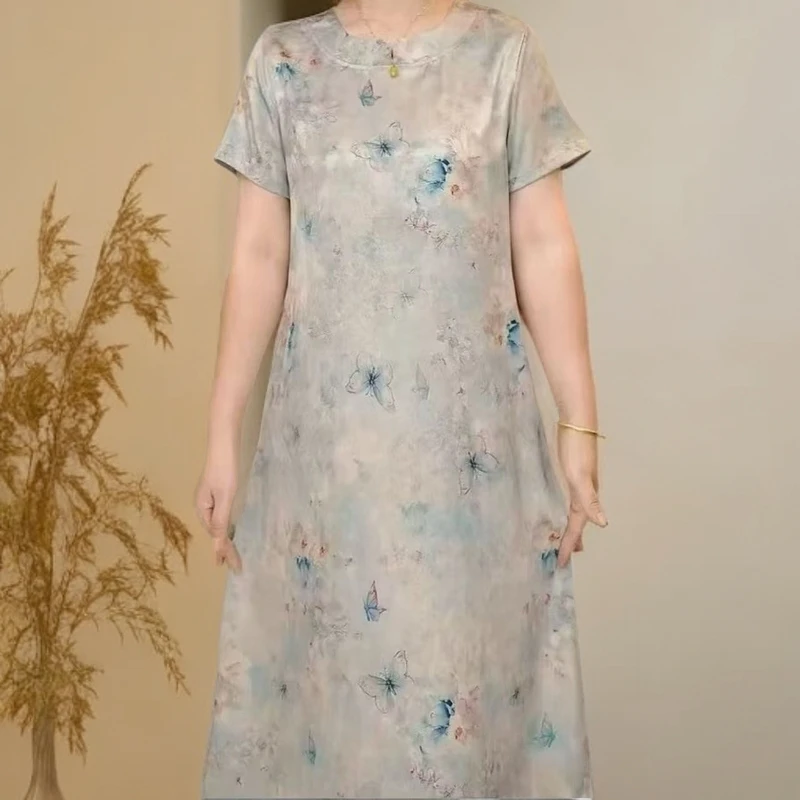 1412清风裙妈妈装高贵新款妈妈装洋气收腰过膝法式