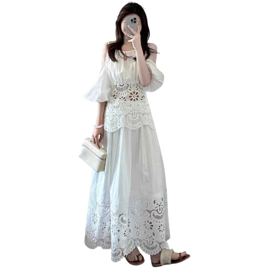 大码胖mm夏季新款绝美轻奢蕾丝镂空挂脖露肩上衣洋气半身裙两套装