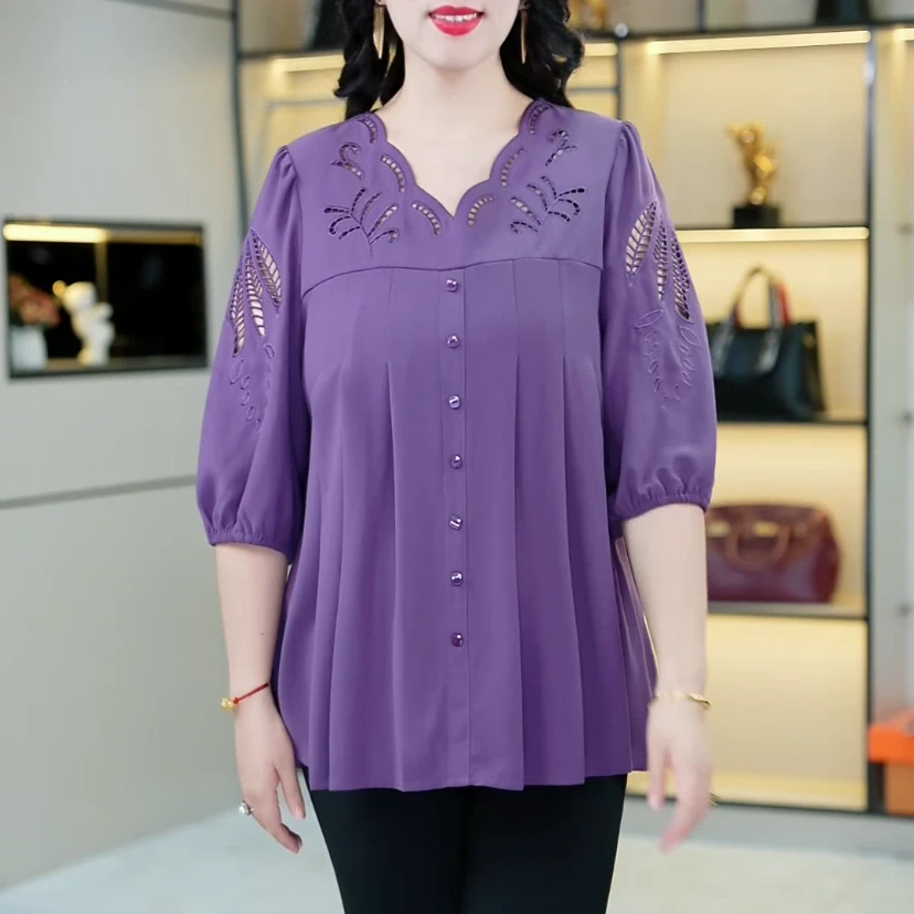 胖大柳夏季新款重工提花大码显瘦遮肉显白镂空时尚百搭上衣ZB6911