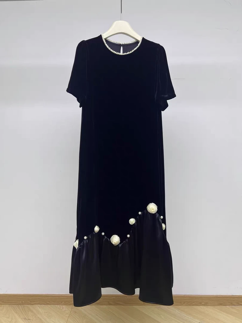 高端欧货采桑子夏季新款时尚圆领钉珠金丝绒气质时尚洋气长裙