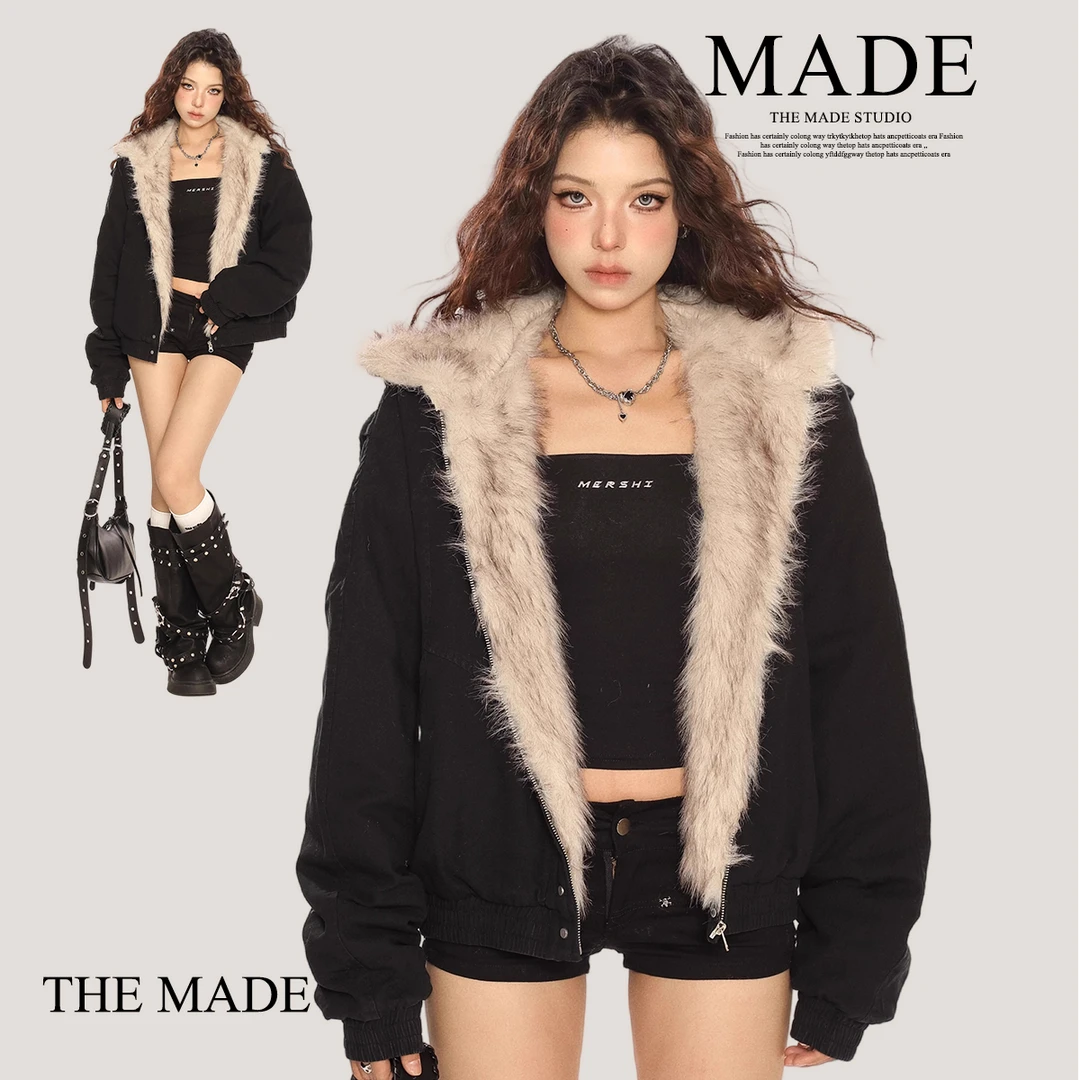 THE MADE美式复古座山雕连帽毛领棉服女冬季设计感加厚夹克外套潮