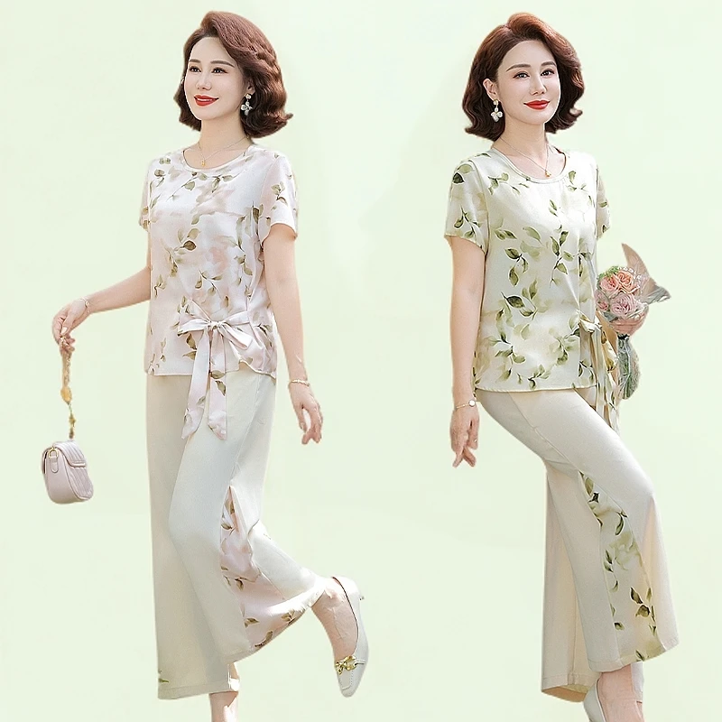 中老年女装时尚碎花气质减龄印花雪纺夏季套装母亲节宽松型妈妈装
