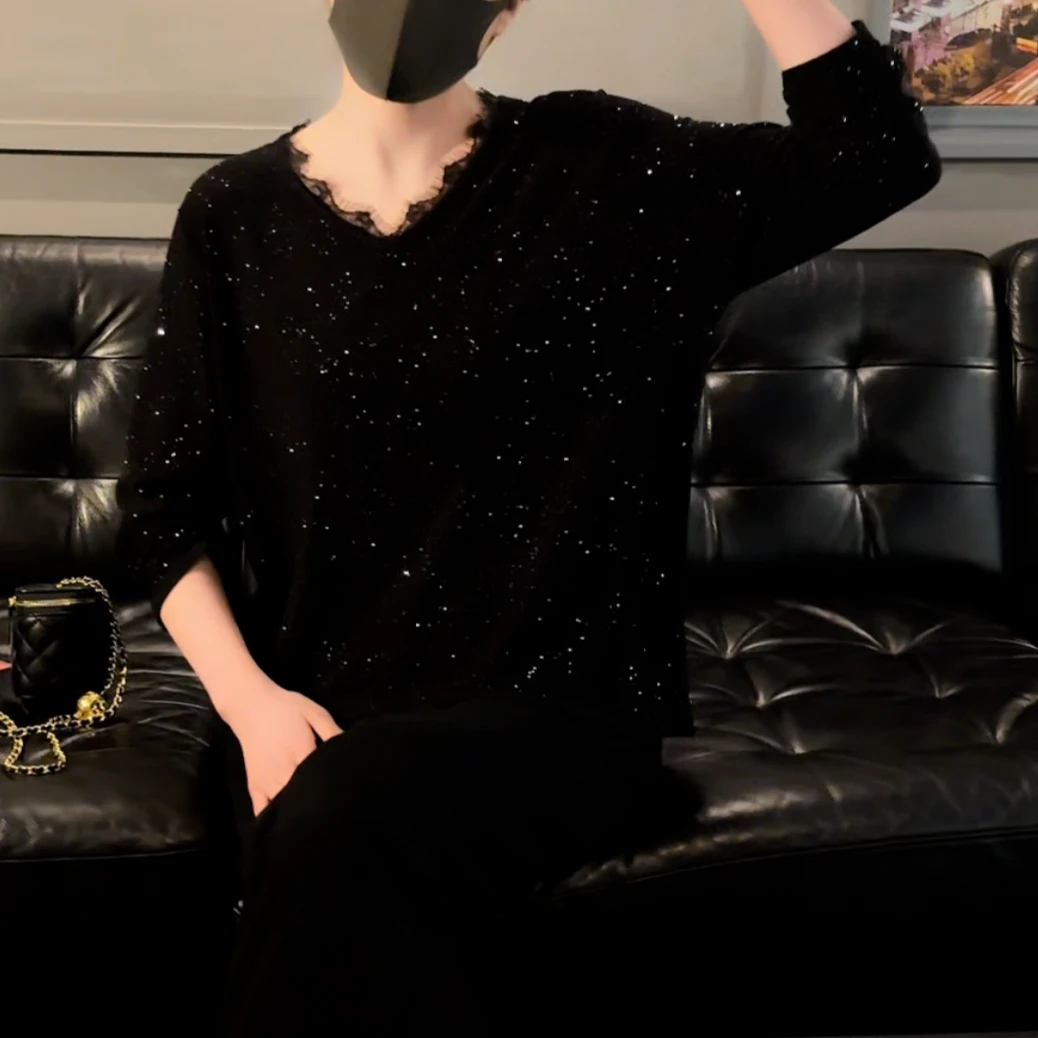 亮片黑色长袖毛针织衫黑色上衣气质时尚毛衣蕾丝百搭镂空大版T恤