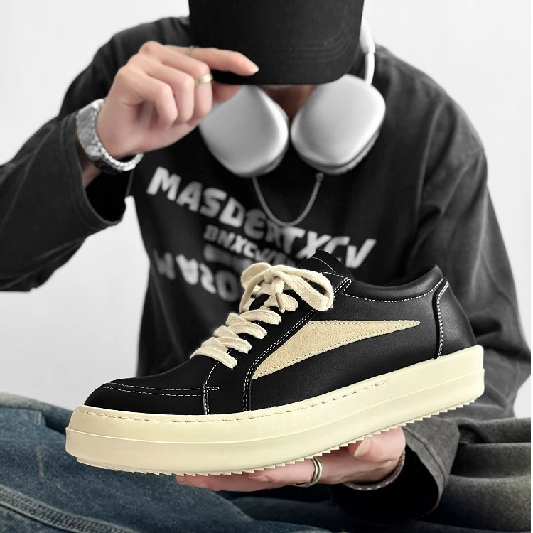 2025新款皮面黑白倒三角低帮休闲鞋厚底增高男士板鞋运动休闲情侣
