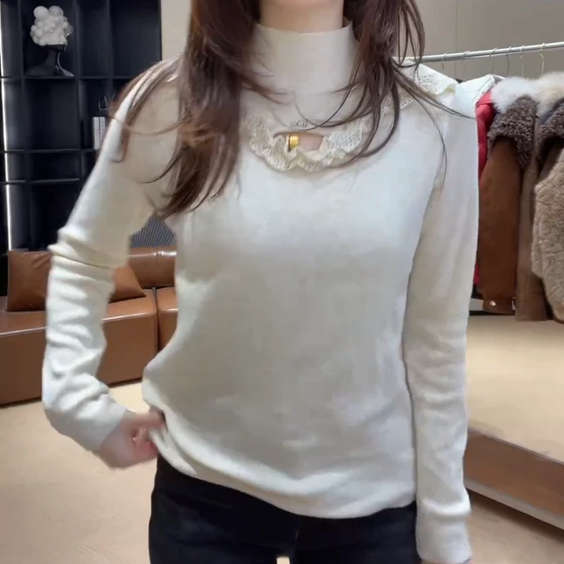 冬季木耳边烫钻镂空立领打底长袖时尚内搭保暖针织上衣LK2509266