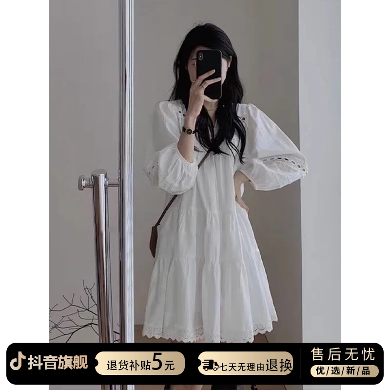 法式白色泡泡袖衬衫连衣裙女2025春季新款海边度假风显瘦长裙C922