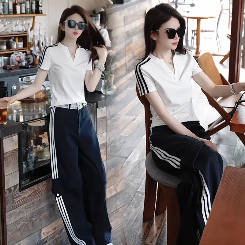 2025夏新款个性三条杠v领短袖上衣+高腰直筒裤网红炸街韩版两件套