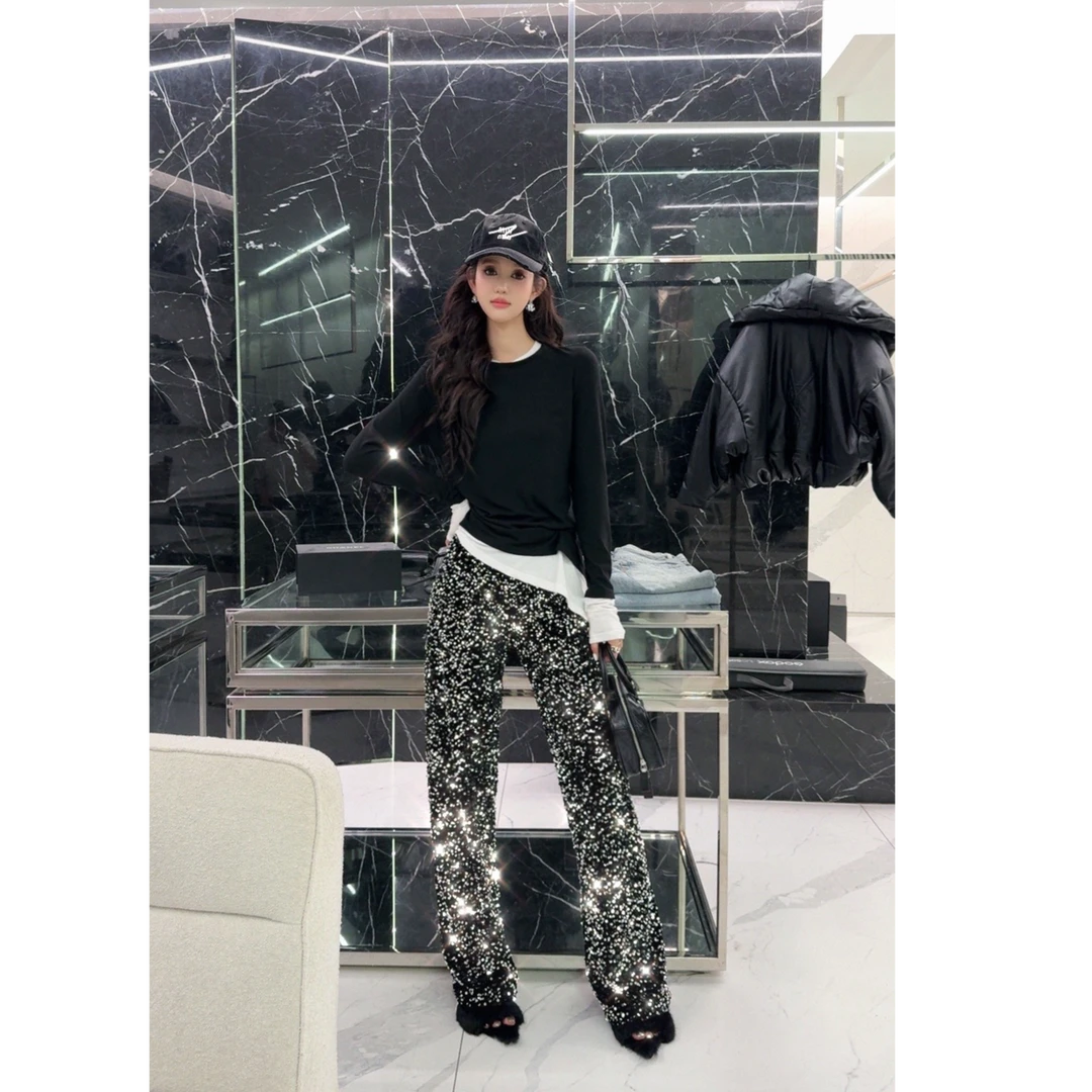 FOREVERCAN“Milky Way”璀璨星河 LM亮片丝绒宽松阔腿长裤 SP20702
