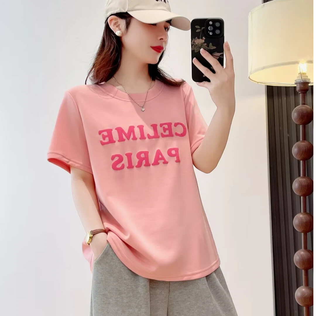 【潼潼专属】大码夏季新款时尚简约减龄显瘦字母印花圆领短袖T恤871