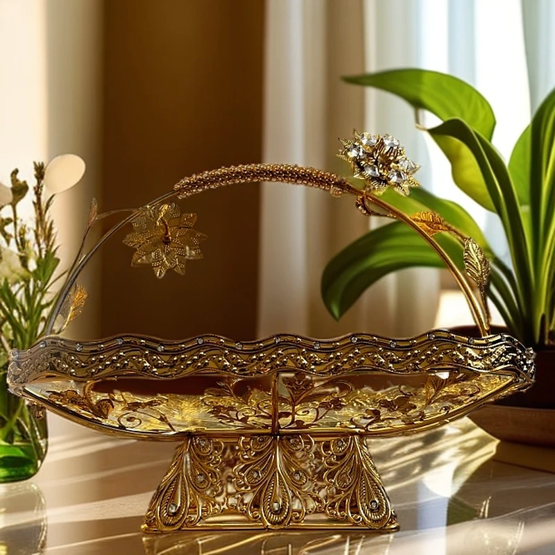 【新疆包邮】欧式轻奢方形手提金色果篮金色花朵水果篮