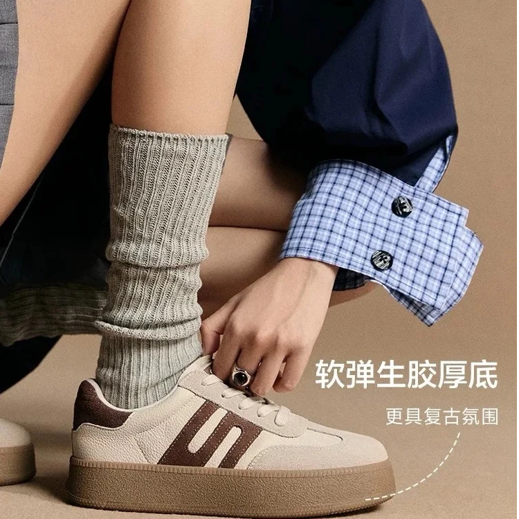 女鞋子复古板栗德训鞋新款四季款厚底板鞋春季平底百搭