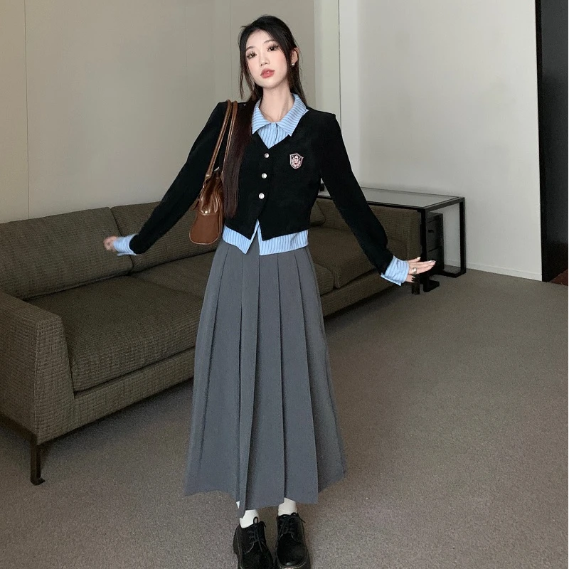 【现货现发】学院风假两件撞色长袖衬衫高腰半身百褶裙盐系两件套