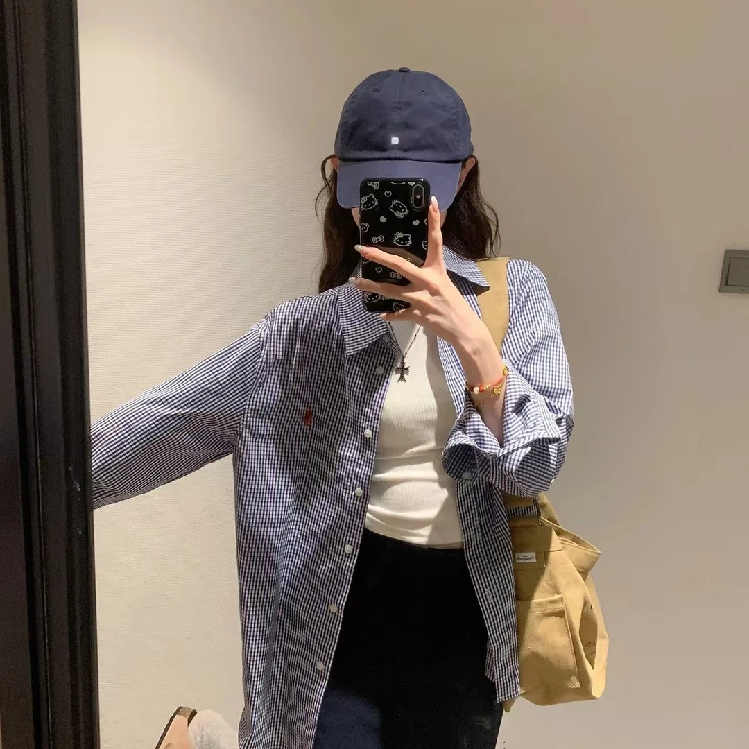 韩版长袖条纹格纹休闲法式格子衬衫衬衣宽松设计感百搭秋季衬衣