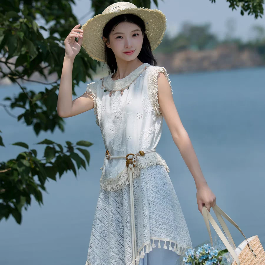 【夏季新款】温柔波西米亚流苏半身裙流苏毛边设计感无袖两件套套装