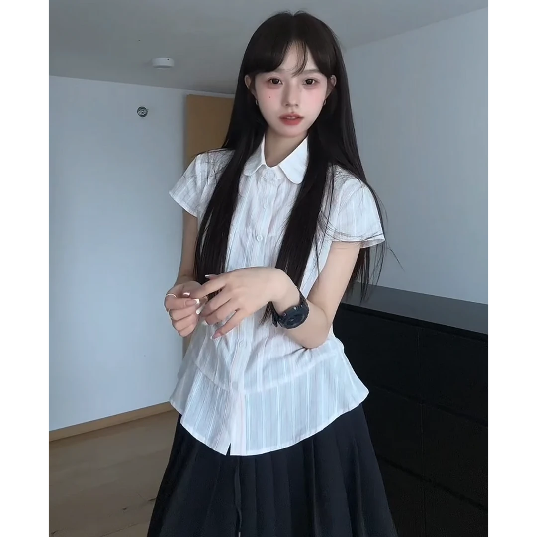 夏季新款韩版学院风百搭条纹短袖日系衬衫A字显瘦半身裙两件套装