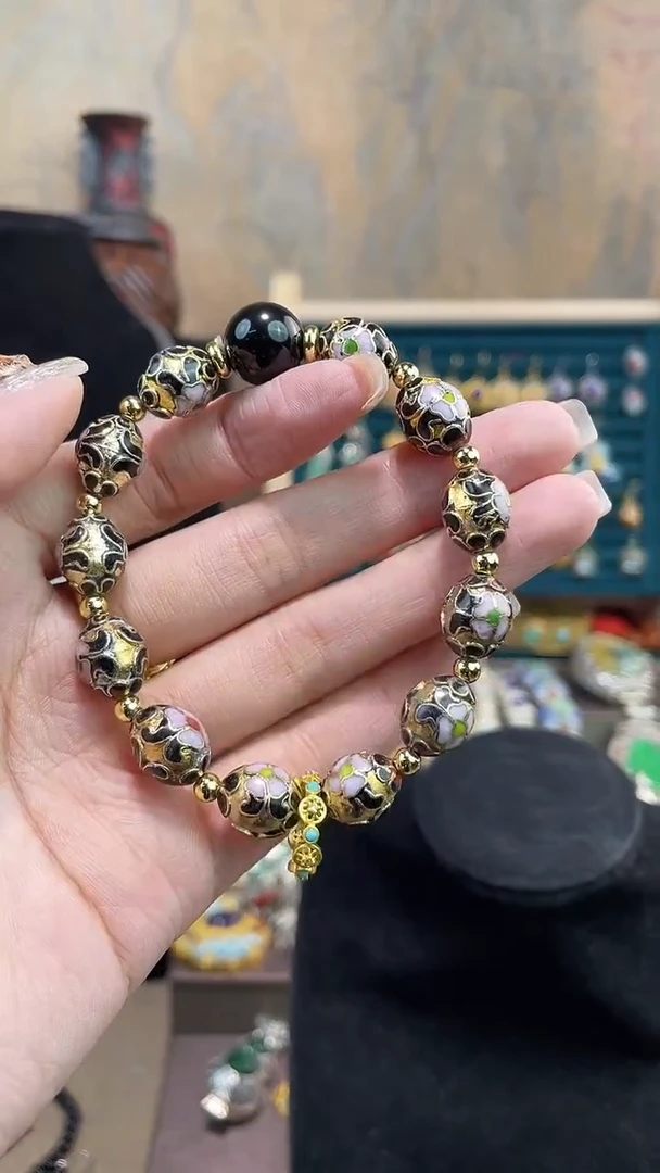 非遗手工景泰蓝金地枣珠手串黑色