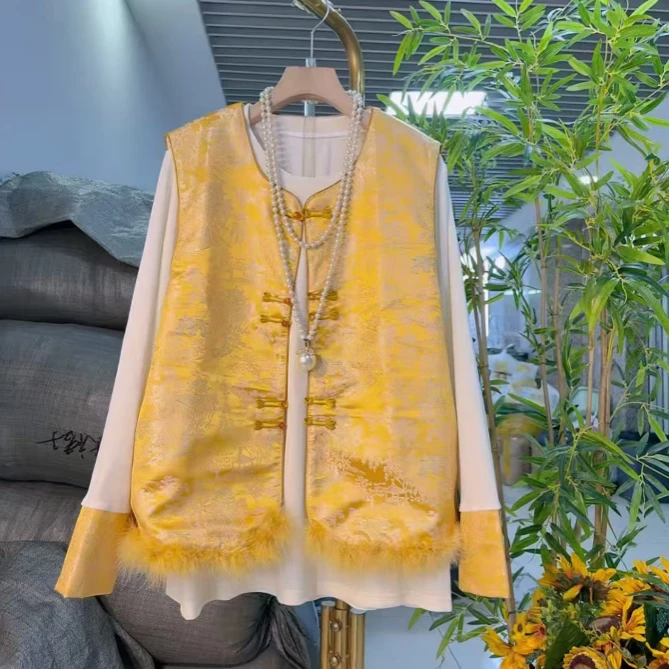 乐1335秋冬大码新中式国风拼接毛毛夹棉提花马甲搭配丝绒衫俩件套