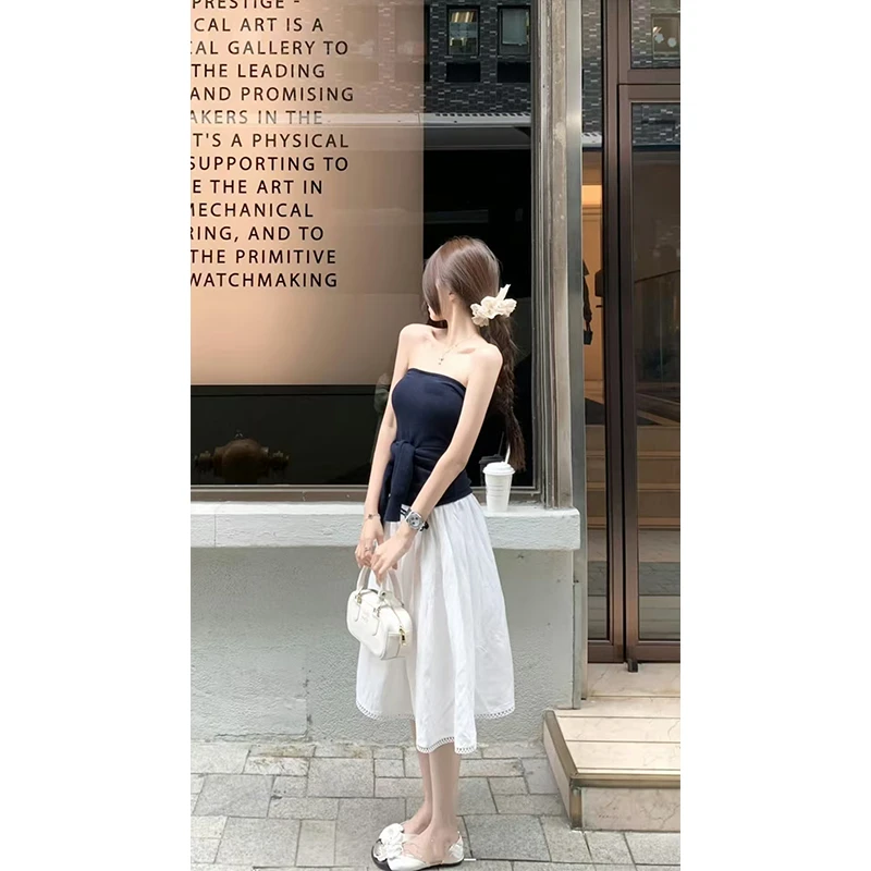 2025秋季新款甜美气质法式长袖斜肩上衣女时尚白色百搭半裙两件套