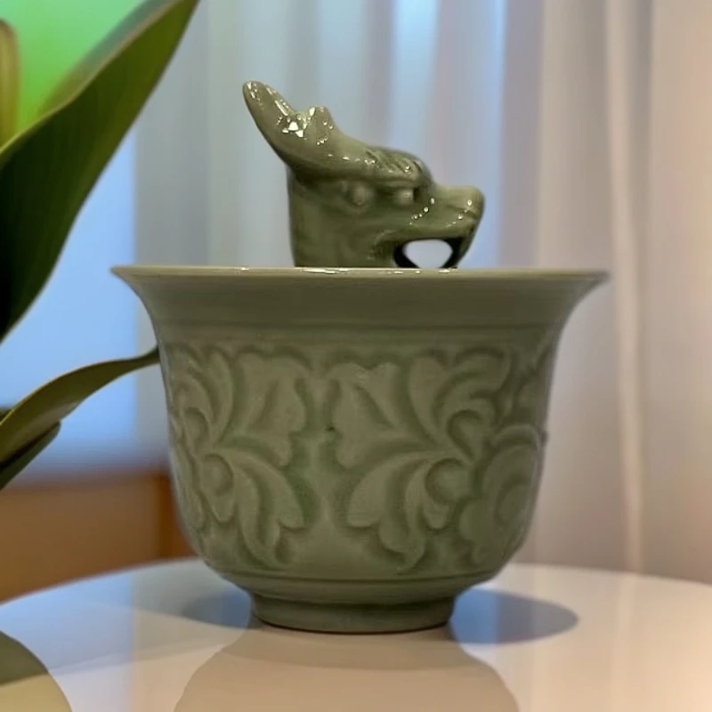 【观文荐瓷】100ml耀州窑青釉牡丹纹大号龙头公道杯