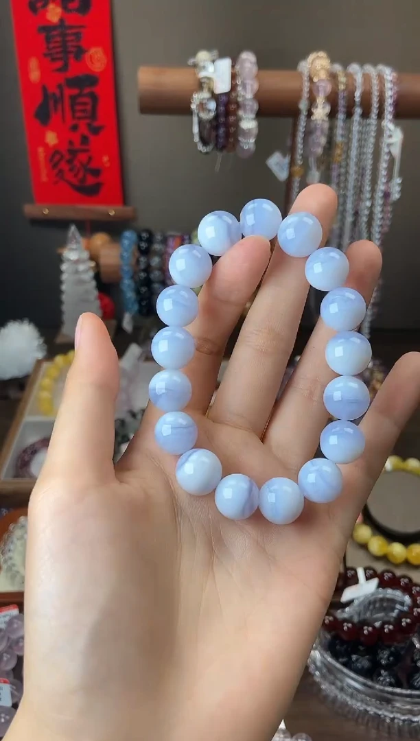 玛瑙/玉髓手链未镶嵌13mm蓝纹玛瑙微瑕