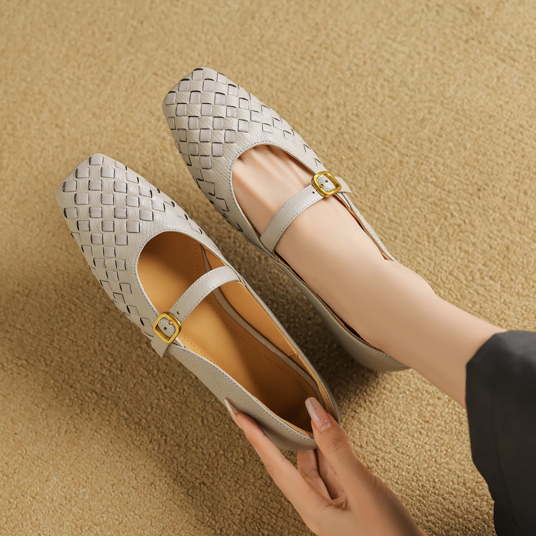 羊皮/2.5cm粗跟一字带单鞋女方头浅口中跟真皮时尚编织舒适玛丽珍