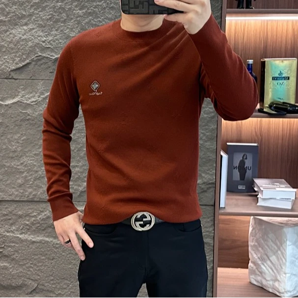 GCONE  秋冬男士精纺100%美丽诺绵羊毛提花高品质圆领长袖羊毛衫
