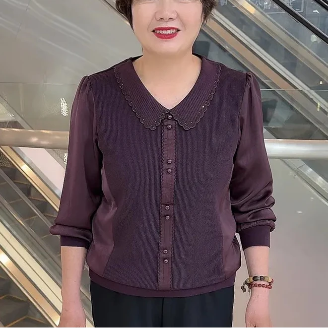 25803 秋季中老年洋气妈妈装休闲翻领纯色时尚长袖上衣