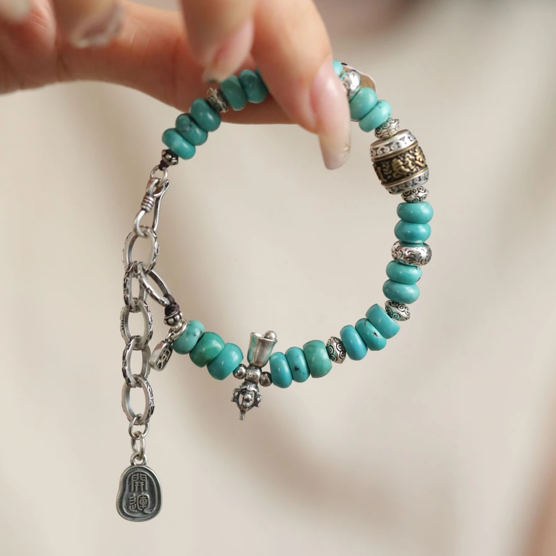 S10832<非晚>S925银松石算盘珠六字真言杵杵铃铛平安小众设计手链