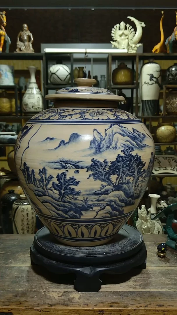 1磁州窑青花山水盖罐，，，