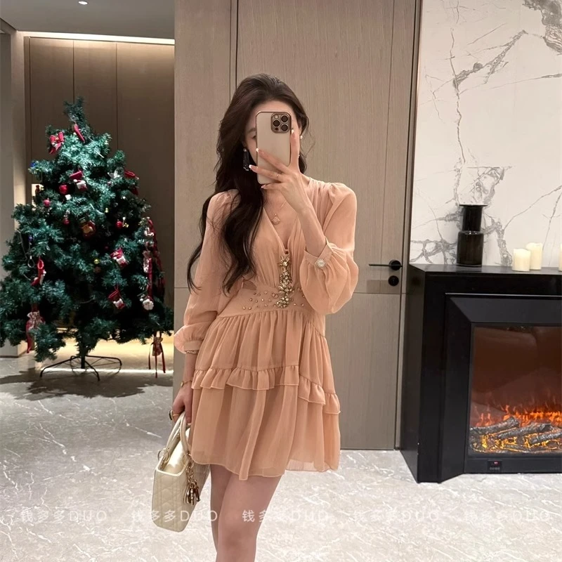 法式千金感穿搭party小礼裙重工镶钻荷叶边连衣裙小个子收腰短裙