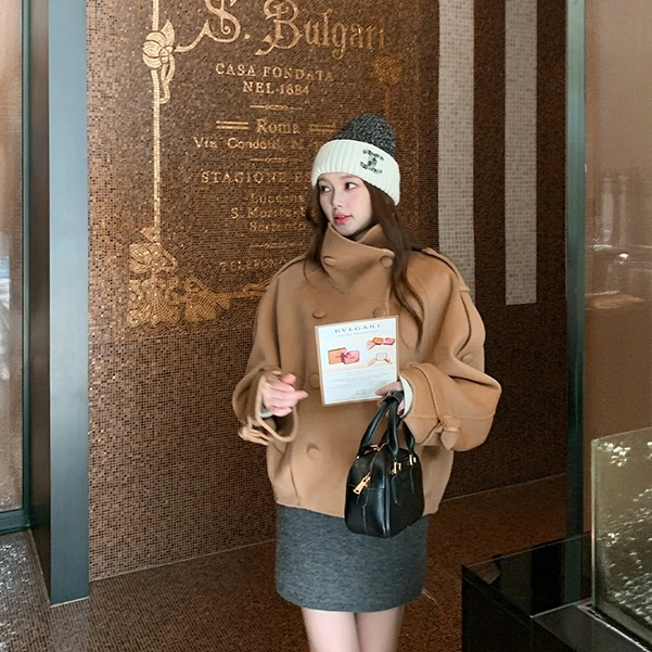 英伦风时尚设计感立领毛呢外套女秋冬新款复古双面呢大衣毛呢外套