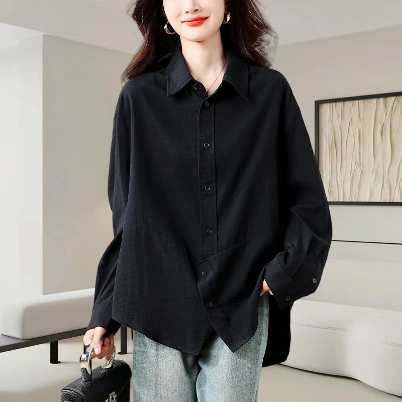 黑色翻领长袖衬衫女士2025秋季新款时尚宽松设计感小众不规则上衣