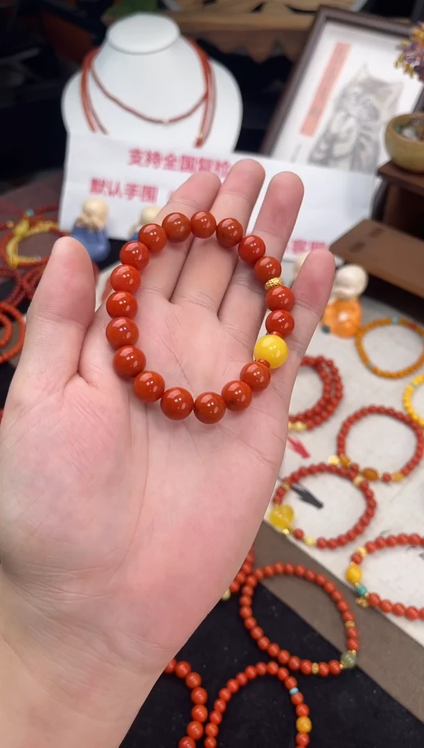 未镶嵌手串南红玛瑙柿子红满色满肉单圈蜜蜡QF-A482（多样性发一）