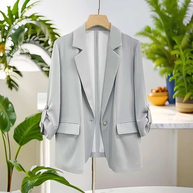 culv灰蓝色休闲简约西装外套女夏薄款新款通勤韩版设计感小众西服