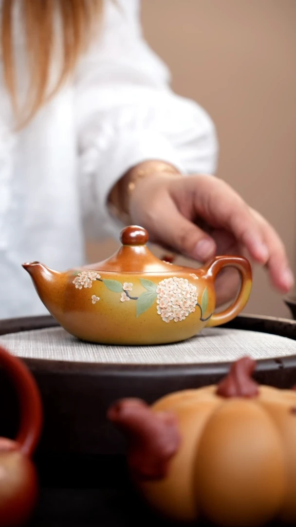 茶壶紫砂柴烧胭脂红曲壶泥绘球花