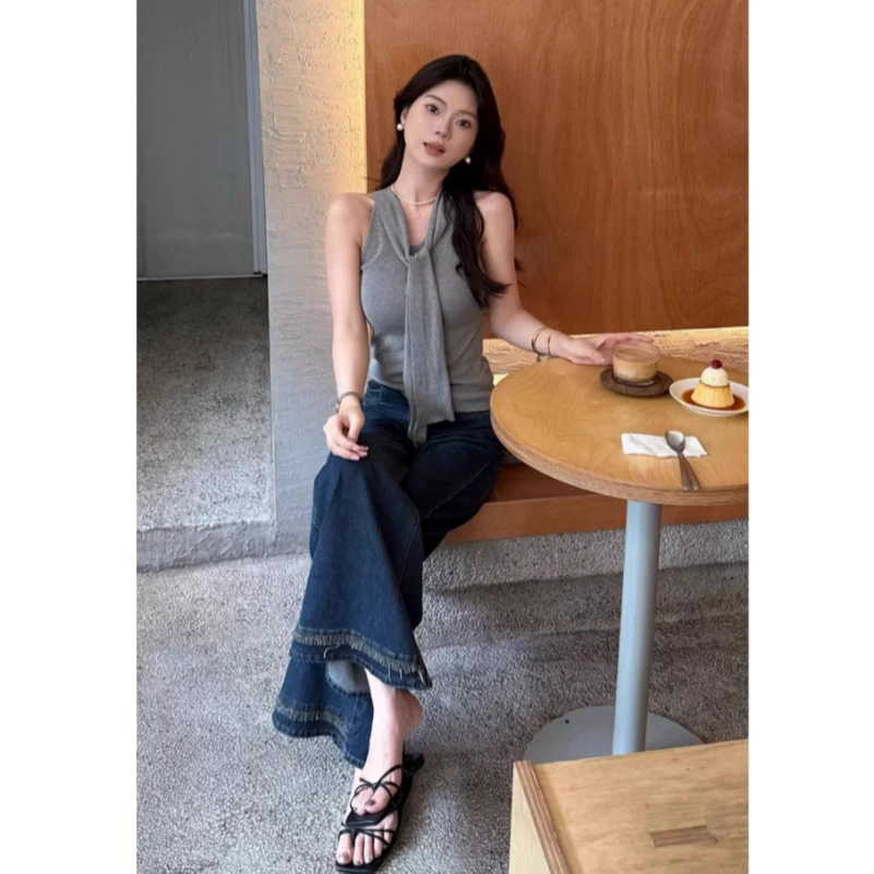 PERIKAS复古蓝高腰秋新款时尚阔腿显瘦流苏设计感裤子宽松慵懒风