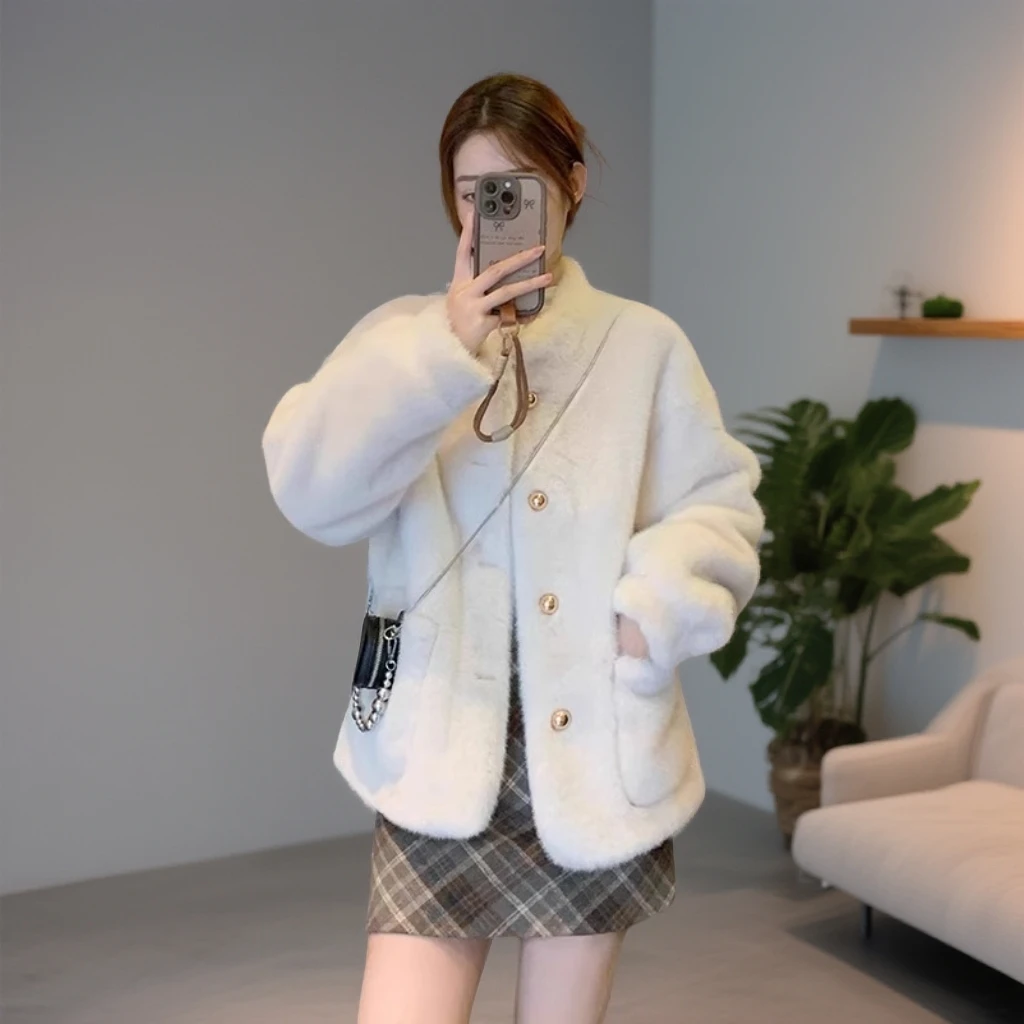 小香风立领仿水貂毛绒环保皮草女冬季2025新款高级感上衣毛毛外套