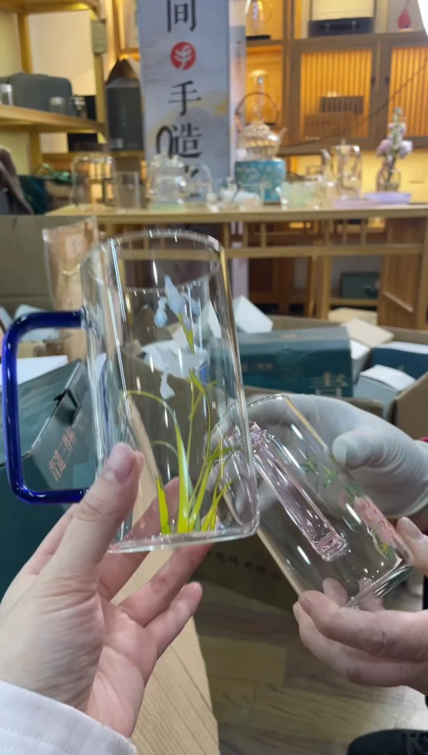 手工艺品玻璃竹间杯粉色蓝色拍一发二对杯