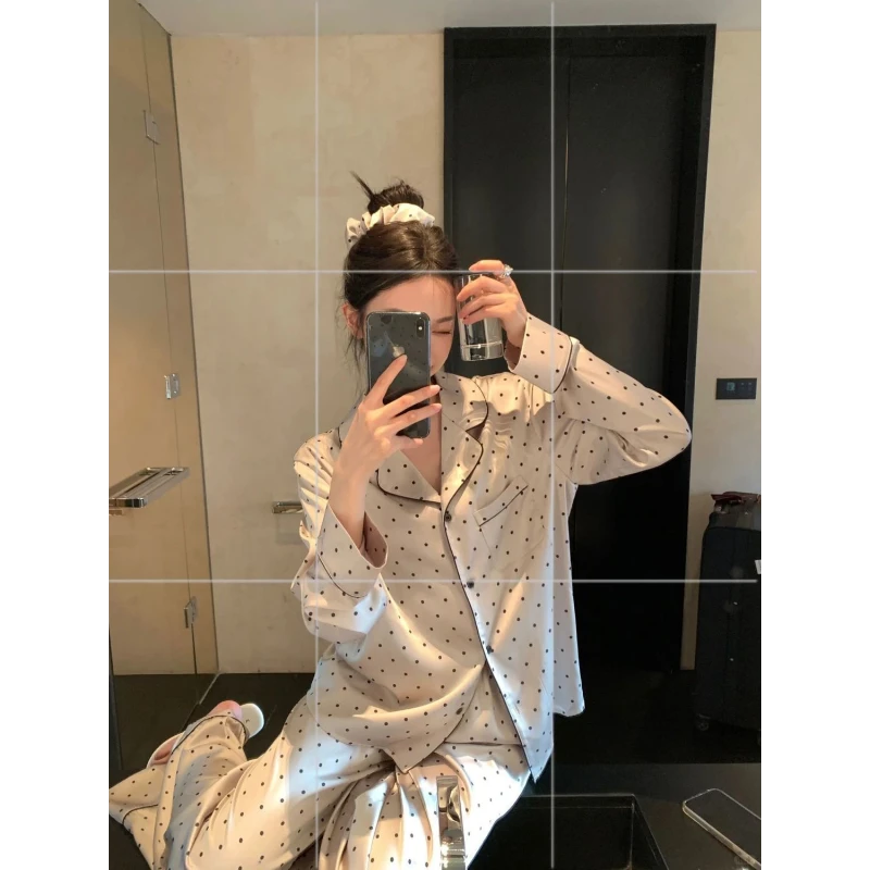 高级波点印花长袖冰丝睡衣女春夏季新款大码缎面家居服套装可外穿