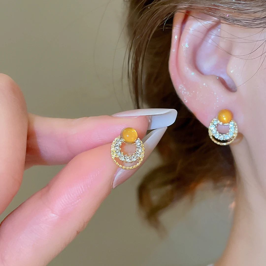 铜合金耳饰 猫猫石微镶锆石圆圈耳钉轻奢高级感百搭耳环耳饰