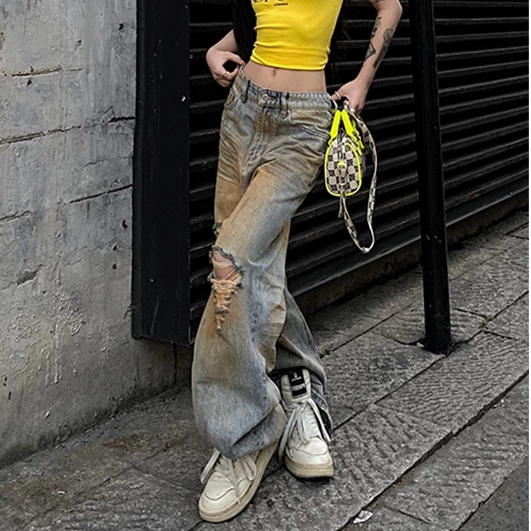 高个子美式复古做旧黄泥染牛仔裤男女2025新款设计感磨破洞拖地裤