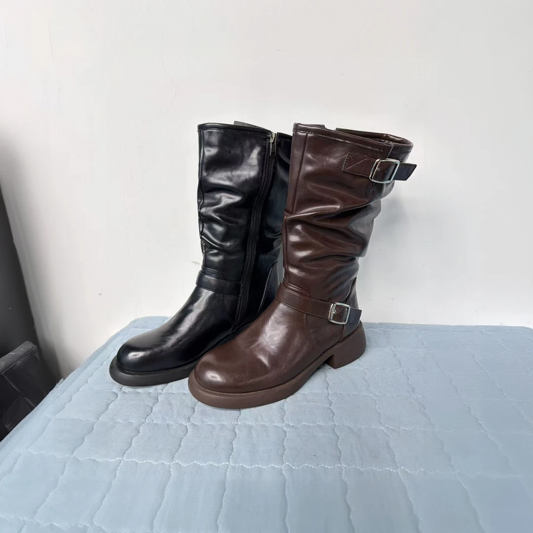 高筒靴短靴女靴时装靴百搭黑色瘦筒版靴子圆头