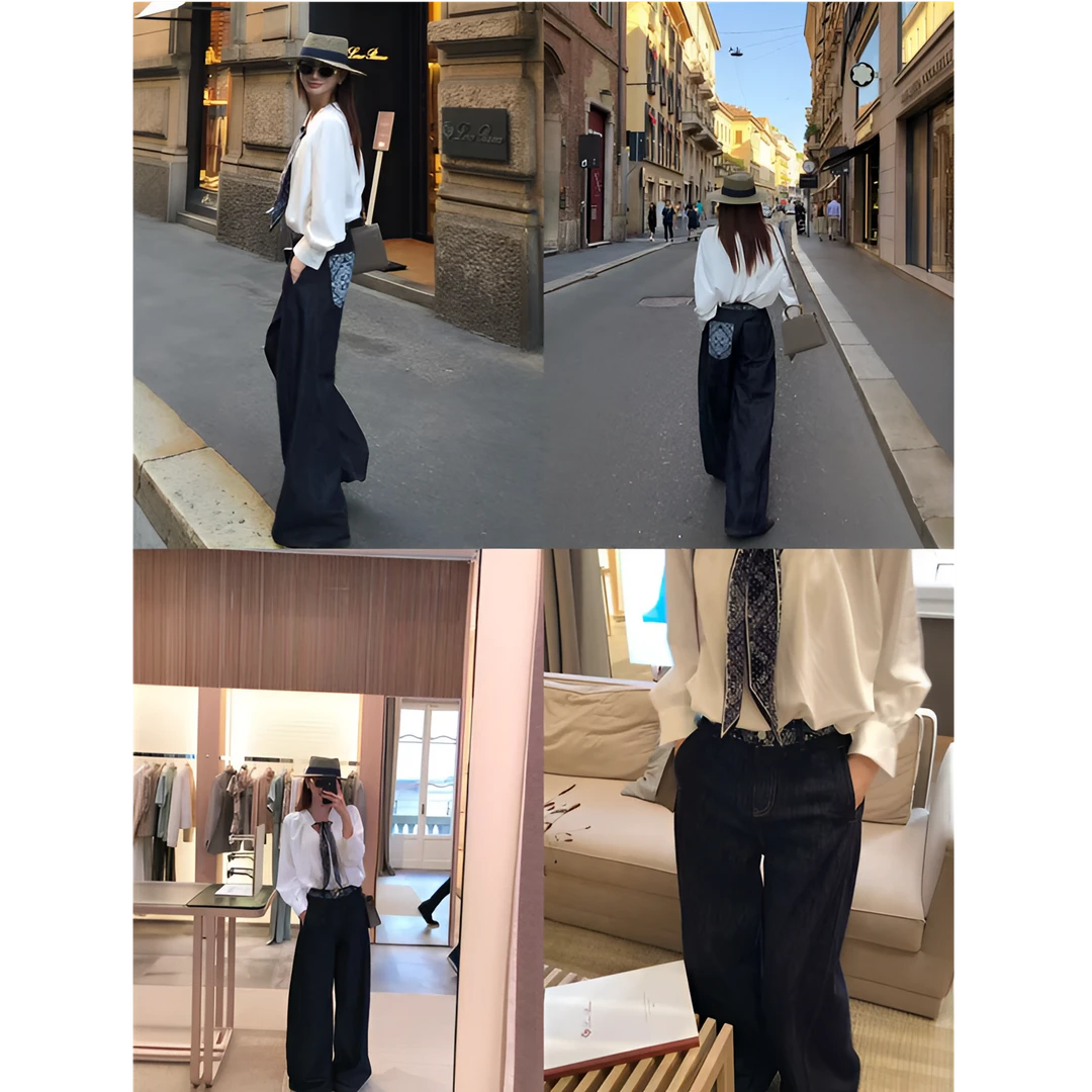 婉君【腰花果休闲裤】秋季拼接宽松显瘦牛仔拖地阔腿裤LWJ25C3K2359