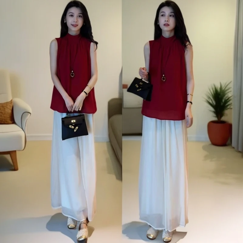 时尚洋气套装女2025夏季新款宽松显瘦衬衫上衣阔腿裤裙气质两件套