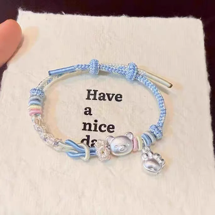 足银手链 纯银999轻松熊手链编绳手链款式蓝色可爱卡通小熊手链