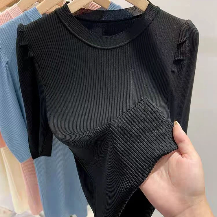 短款黑色时尚女螺纹小众修身纯色圆领夏季毛针织衫韩版泡泡袖